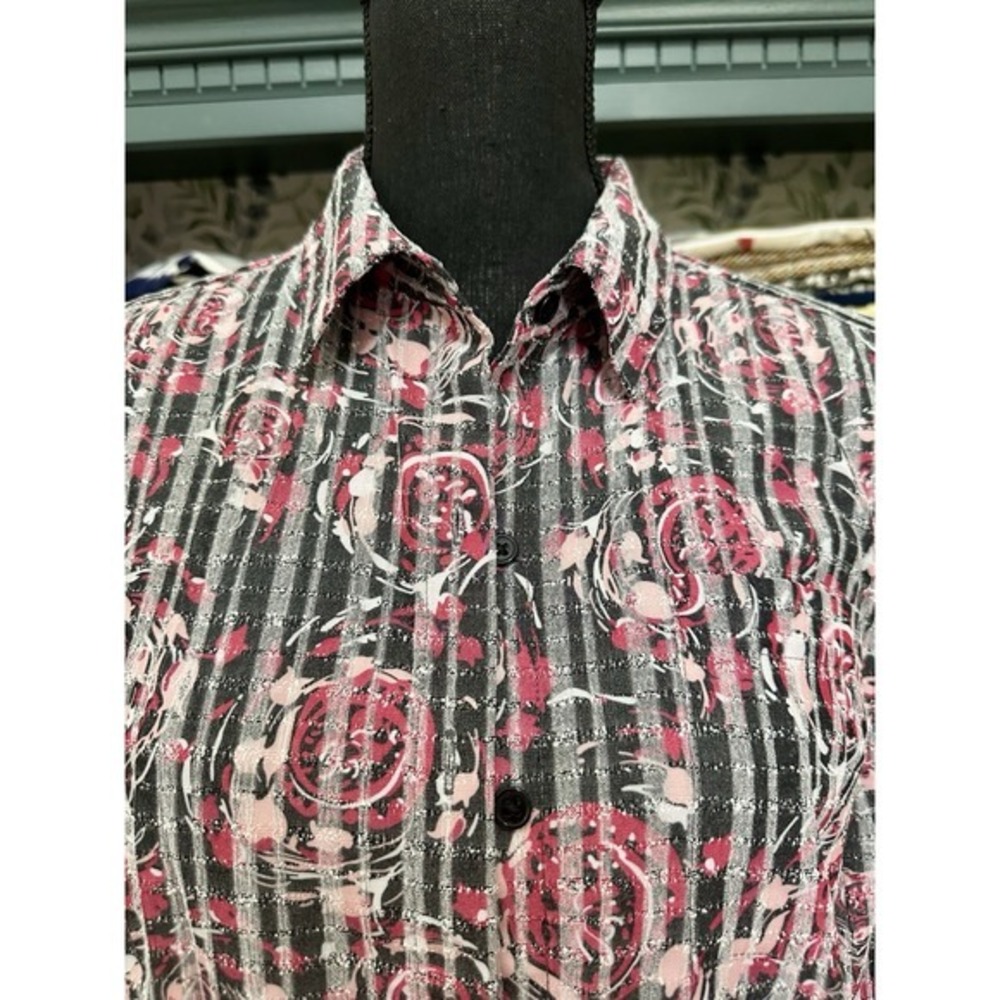 Christopher & Banks Womens Medium Rose Design Black Striped Button Up Sz Small - Picture 2 of 11
